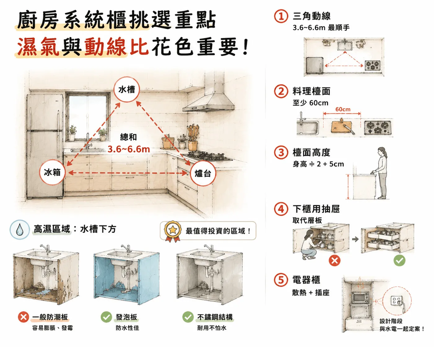 廚房系統櫃推薦的挑選重點，濕氣與動線是比花色更重要